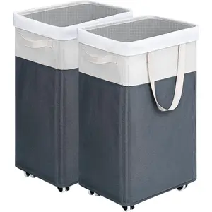 Laundry Baskets 2-Pack, 75L Hamper with Wheels, Foldable Laundry Baskets with Removable Wash Bags, Rolling Laundry Hamper for Corner Dorm, Slim Laundry Basket, Grey&White
