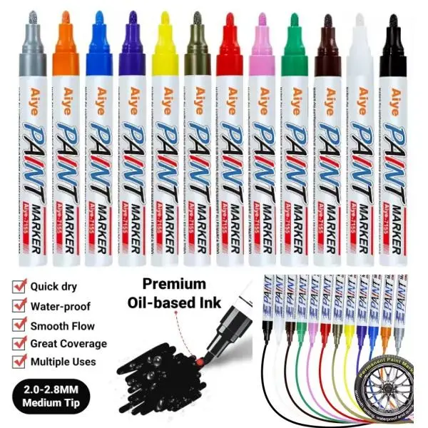 12-Color Permanent Oil-Based Waterproof Acrylic Markers, Quick-Drying Durable Fade-Resistant Easy-to-Use Pens for Tire Car Detailing, Handmade Crafts, Christmas Decorations, Flower Pots on Metal Rock Wood Glass Ceramic, Office Art Supplies, Permanent Mark