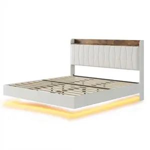 Garvee Floating Bed Frame King, Platform Bed with LED Lights & Headboard, Upholstered Bedframe with Charging Ports and Wood Slats, No Box Spring Needed, Easy Assembly, Beige