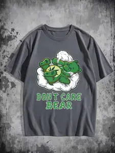 American Style Don't Care Bear Print T-Shirt, High Street Oversize Loose Fit, Unisex Couple Tee, Casual Short Sleeve Top