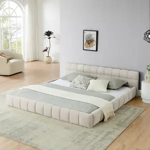 King size  Upholstered Bed Frame with Thick Fabric, Chenille Fabric Grounded King Size Platform Bed with Headboard and Solid Frame.No Box Spring Needed-Beige(88.5''*85.5''*24'')