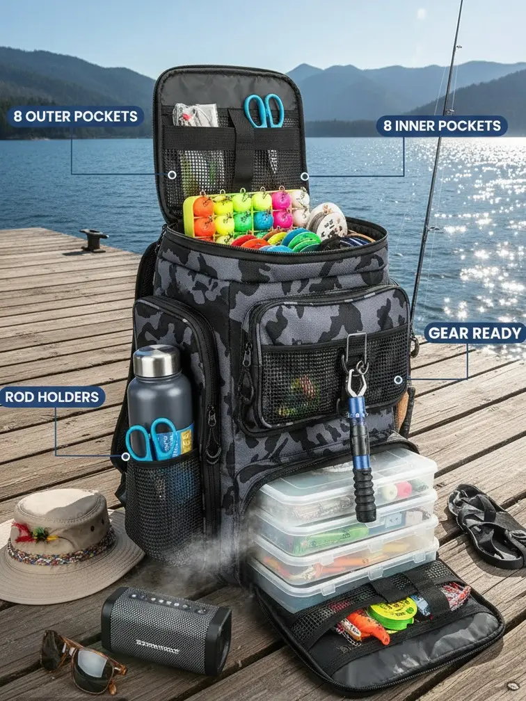 42L&11Gal Fishing Backpack Large Capacity Fishing Tackle StorageBag With Rod Holders 16-Pocket Water-Resistant With Divider Adjustable Padded Straps For Fishing Gear Outdoor Camping Hiking