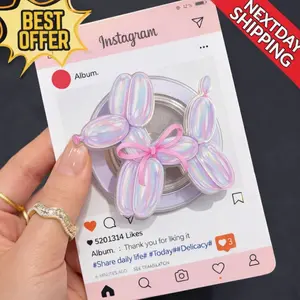 Balloon Dog Phone Grip MagSafe, Iridescent Cute Phone Holder, Pink Bow Aesthetic Grip Stand, Magnetic Phone Accessory