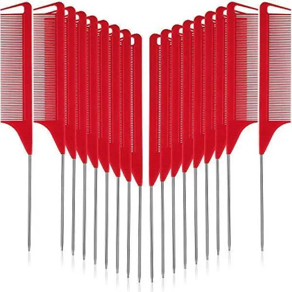 Unisex 12 Pcs Carbon Fiber Heat-Resistant Rat Tail Comb, Stainless Steel Pintail Comb for Parting, Braiding, Pressing, Hair Styling - Salon & Home Hairdressing Tool (Red)