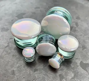 PAIR of Unique White Pearl Design Pyrex Glass Double Flare Plugs