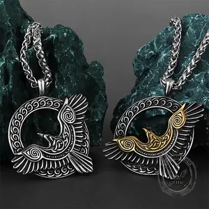 GTHIC Nordic Odin Raven Stainless Steel Viking Pendant for Men and Women Birthday Gift