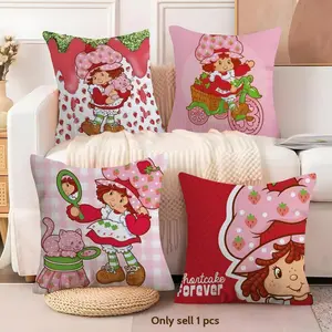 S-Stawberry Shortcake Cushion Cover Soft Short Plush Fabric Double-Sided Print | Breathable Pillow Cover for Sofa Couch Bed | Skin-Friendly, Washable, Invisible Zipper, Anti-Dust Mite, Durable Material | Warm Winter Home Decor Gift | Home Textile