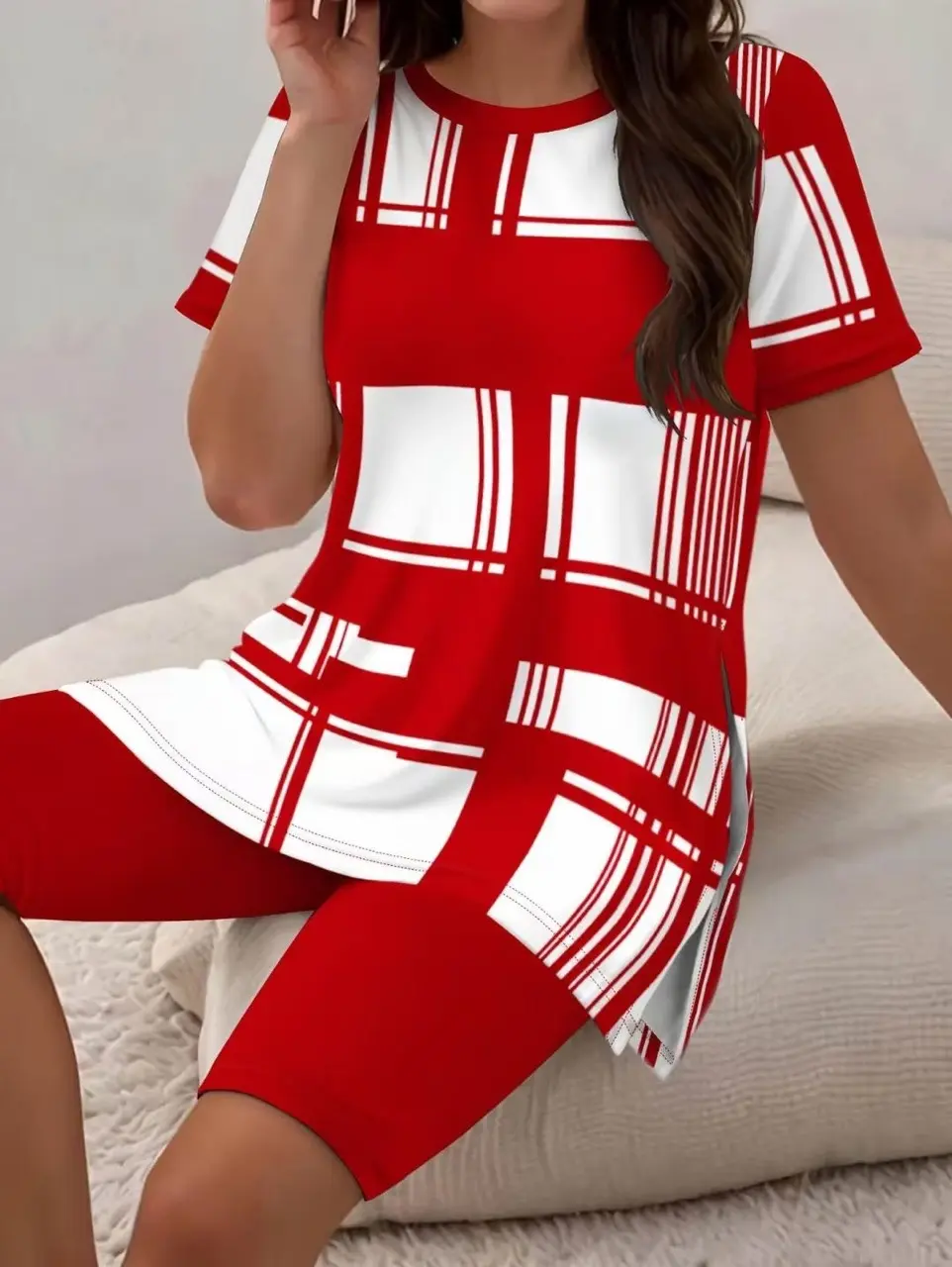 2026 New Women's Casual Plaid Printed Short Sleeve Top and Skinny Shorts Set, Fashion Side Split Short Sleeve Top and Comfortable Regular Casual Set, Crew Neck Polyester Pullover with Layered Details, Plus Size Two Piece Set (0XL-5XL)