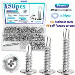 150pcs TEK Self-Tapping Screw Combo Set Includes 3 Lengths (13/19/25mm) Round Head Phillips Design - Includes Bits And Washers Suitable for Industrial, DIY Projects, Workshops, And Furniture Applications