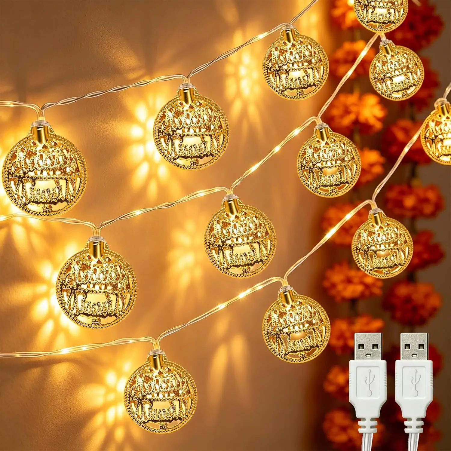 alikiki 2 Pack Happy Diwali String Lights Metal, 10.4 FT,USB Powered | 20 LED Warm White Gold Metal Cutout Diwali Lights, Ideal Diwali Gifts for Indian Family, Home Pooja Temple Mandir Puja Item