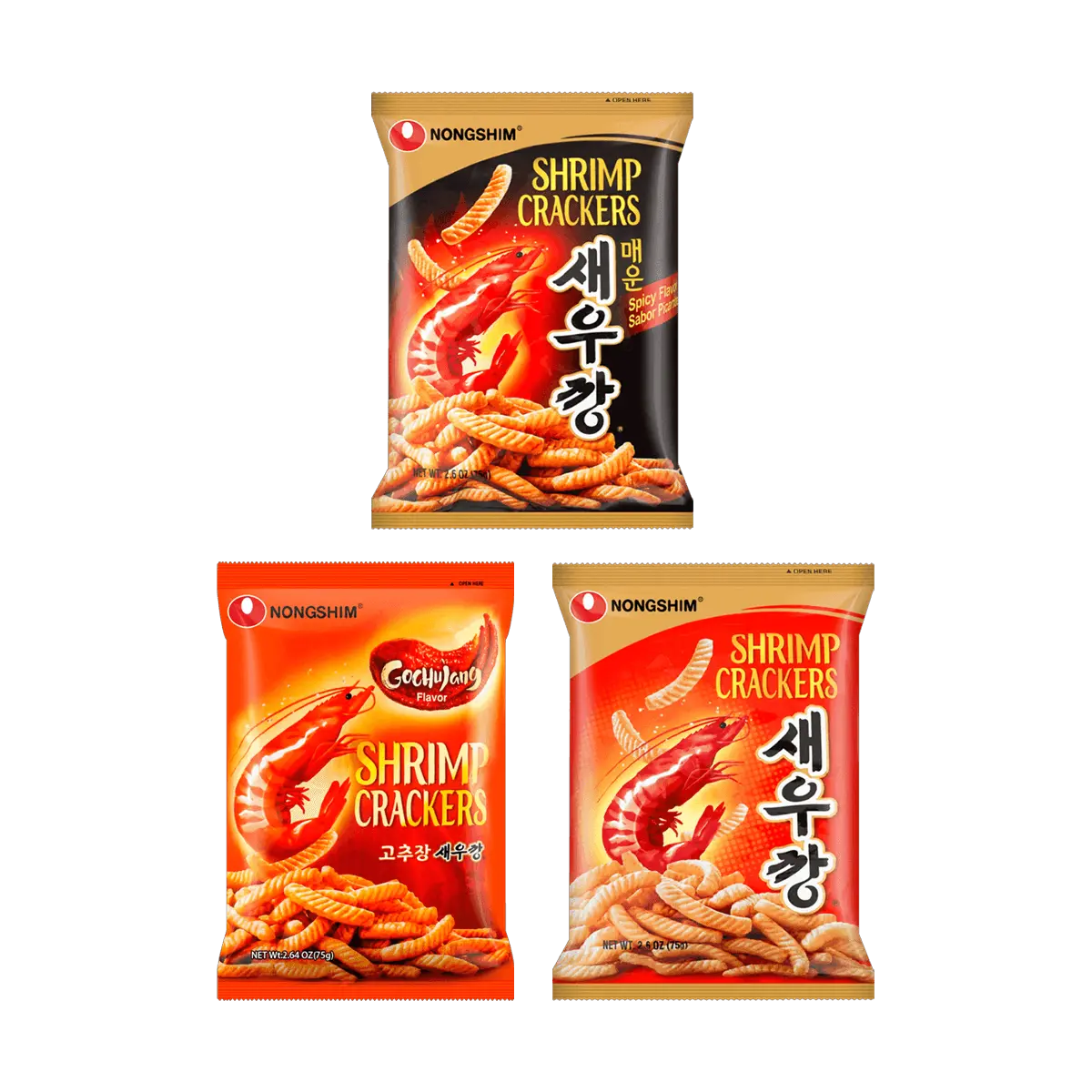 Nongshim Shrimp Crackers Snack Variety Pack - Classic Original, Spicy, and Korean Chili Flavor - 75g Bags - Jennie Recommended Korean Snack
