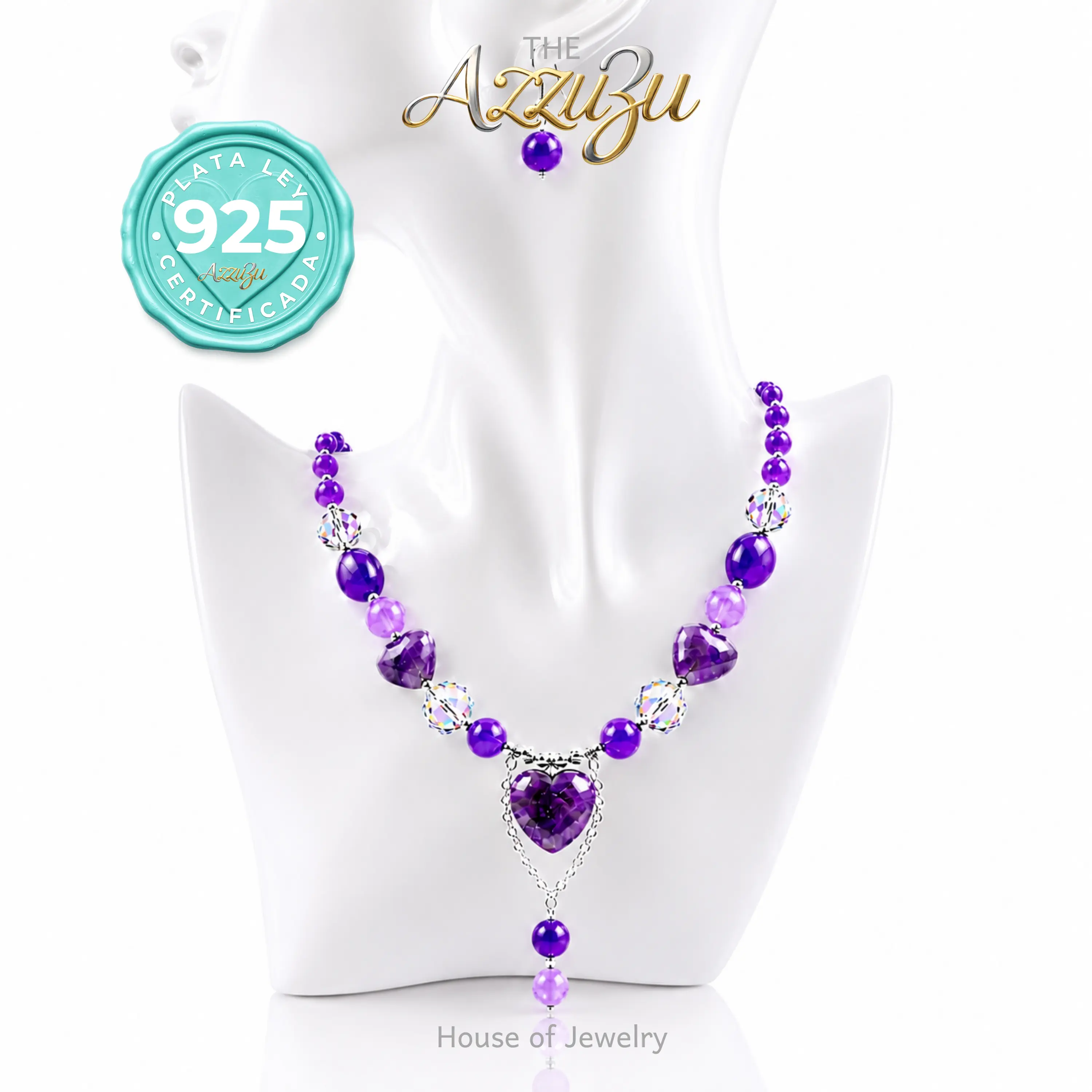The AzzuZu 925 Sterling Silver Natural Amethyst, Agates & Crystals "Heart"  Necklace Set