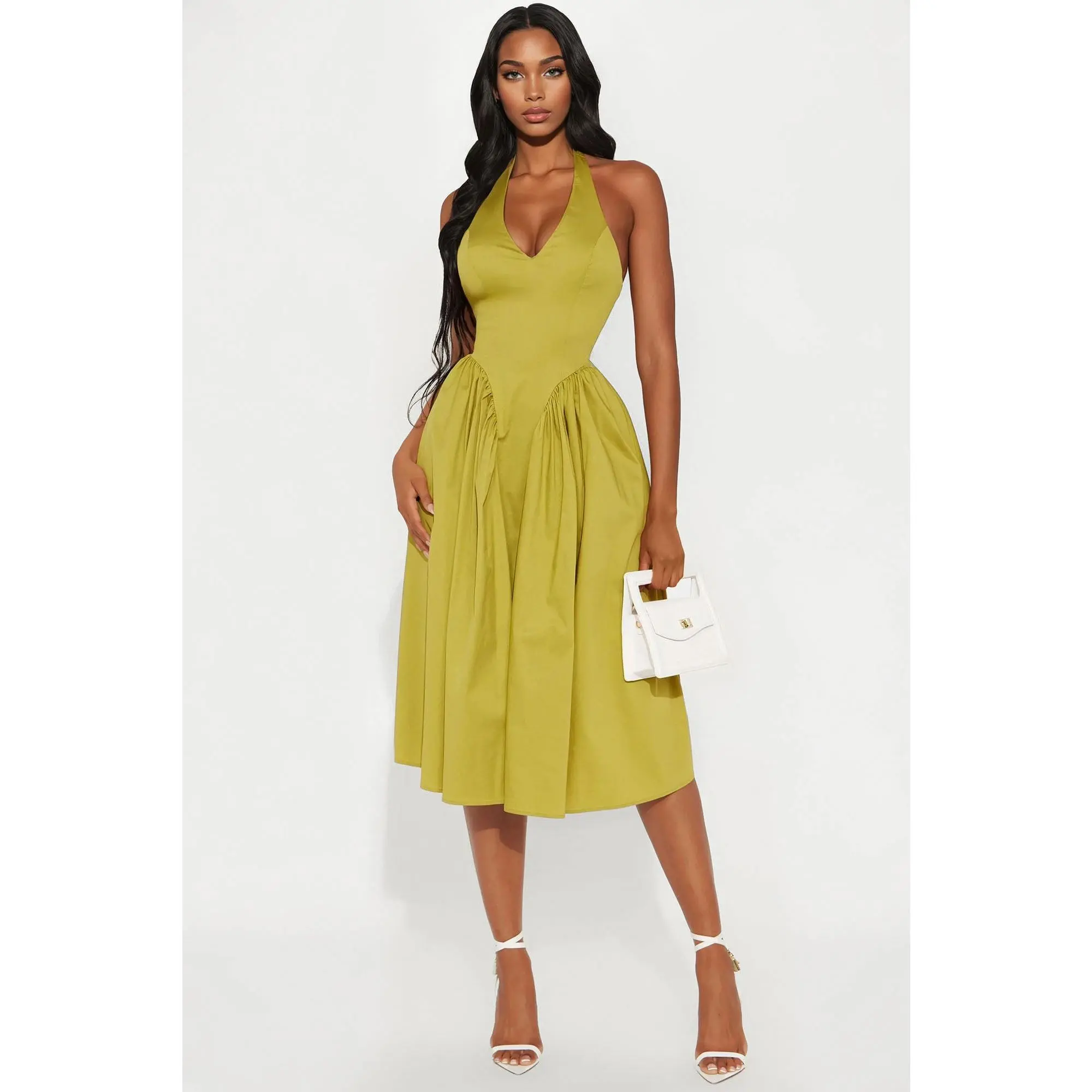 Mara Corset Halter Midi Dress - Chartreuse