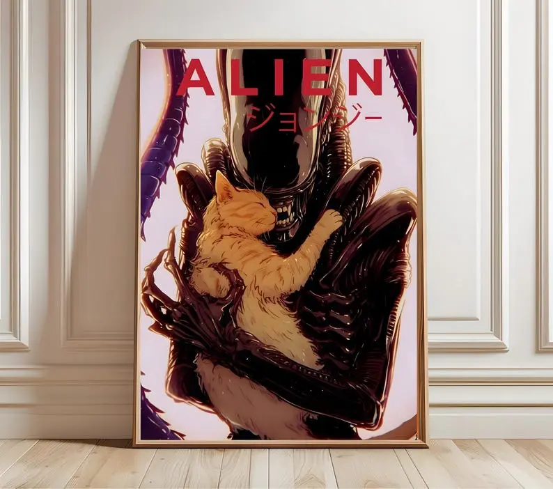 Alien and Cat Poster | Sci-Fi Wall Art Print | Xenomorph Portrait | Instant digital Download