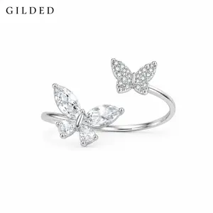 GILDED Butterfly Open Ring Silver Tone Alloy Rhinestone Adjustable Band