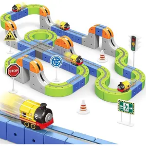 Parent-child interactive toys Magnetic Tiles Road Set, Race Track with 1 Car 101-Piece Elastic Racing Set with Steam Sign Electric Train Traffic Signs Magnetic Train Connection Toys  for 3-8 Year Olds Boys Girls Birthday Gift Large Size