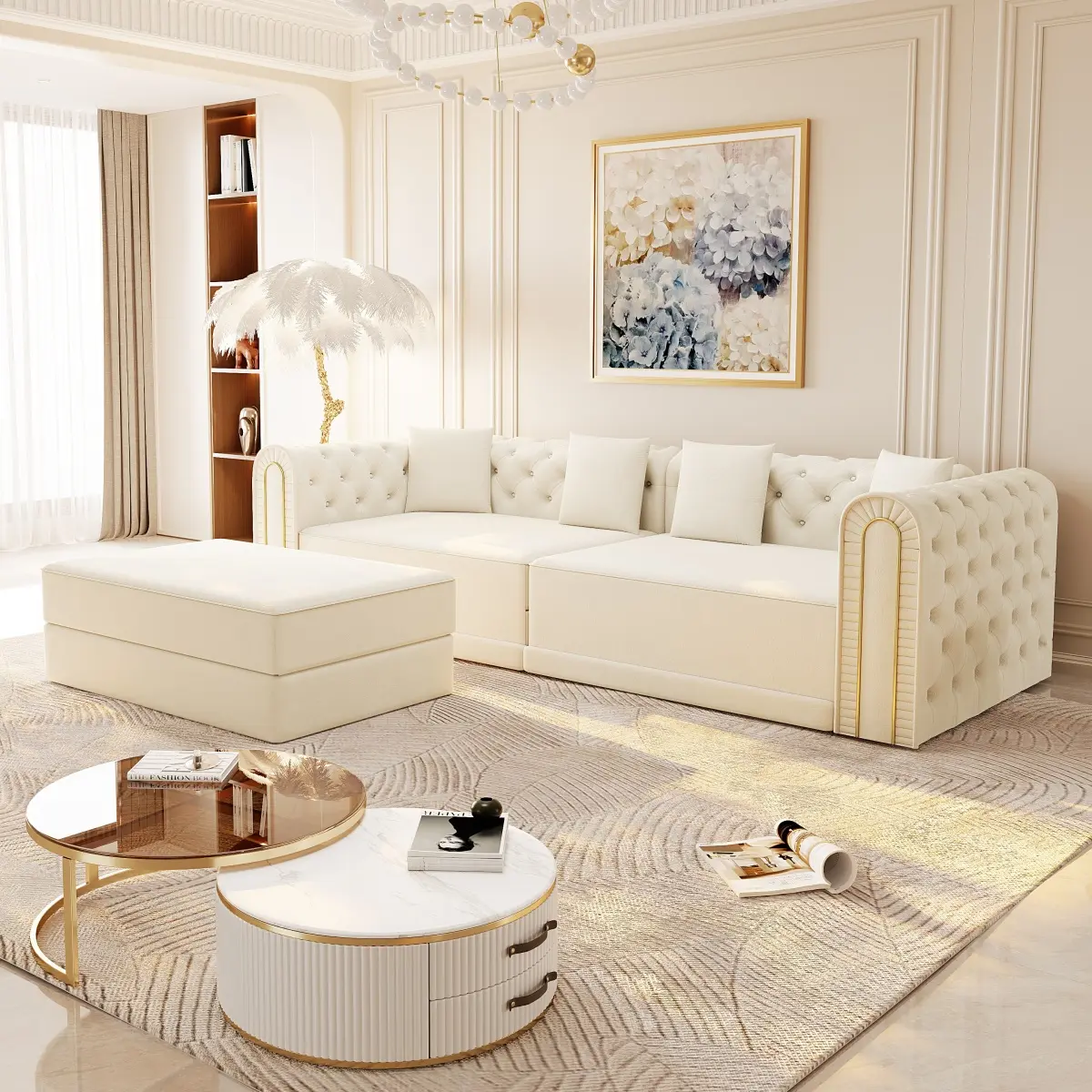 90.6" 3-in-1 Convertible Sleeper Sofa – Modern Velvet Couch with Button Tufting, Gold Edge Trim & Movable Ottoman, 3-Seater for Living Room, Apartment, Bedroom (Beige/White)​