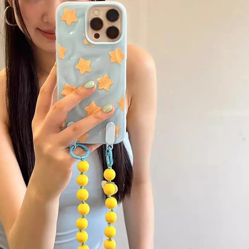 Meteorite shell blue yellow star phone case with chain for iPhone 11 12 13 14 15 16 promax