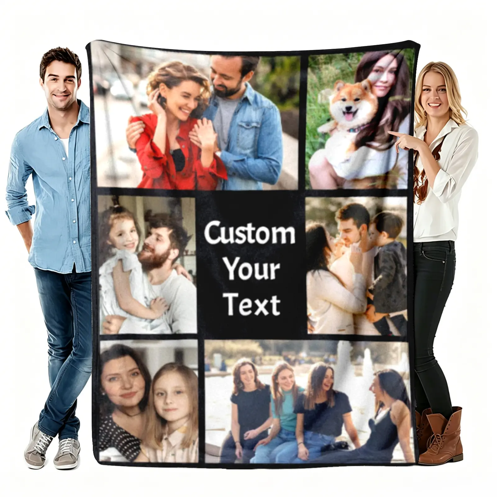 Personalized Soft Flannel Throw - Cozy, Wrinkle-Resistant, Lightweight Grid, 6 Photos & Text, Commemorative Blanket, Air Conditioning Cover, Father’s Day Gift, Living Room Decor