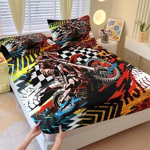 Dirt Bike Motocross Cool Fitted Sheet Set and 2 Pillowcases No Core, Black-White Checkered Flag, Lightning, Graffiti, Geometric Texture, Soft Non-Slip Wrinkle-Resistant Bedding, Motorcycle Enthusiast Bedroom Decor Gift