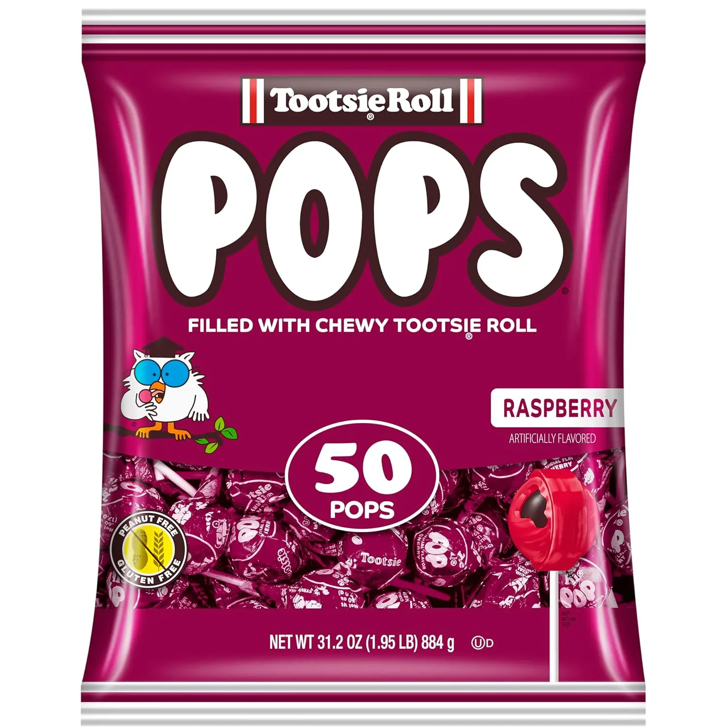 Tootsie Pops Raspberry Flavored Lollipops, 50 Count, 1.95lb (Pack of 1) | Single Flavor Bag, Chocolatey Center, Individually Wrapped Hard Candy, Peanut Free, Kosher, Gluten Free