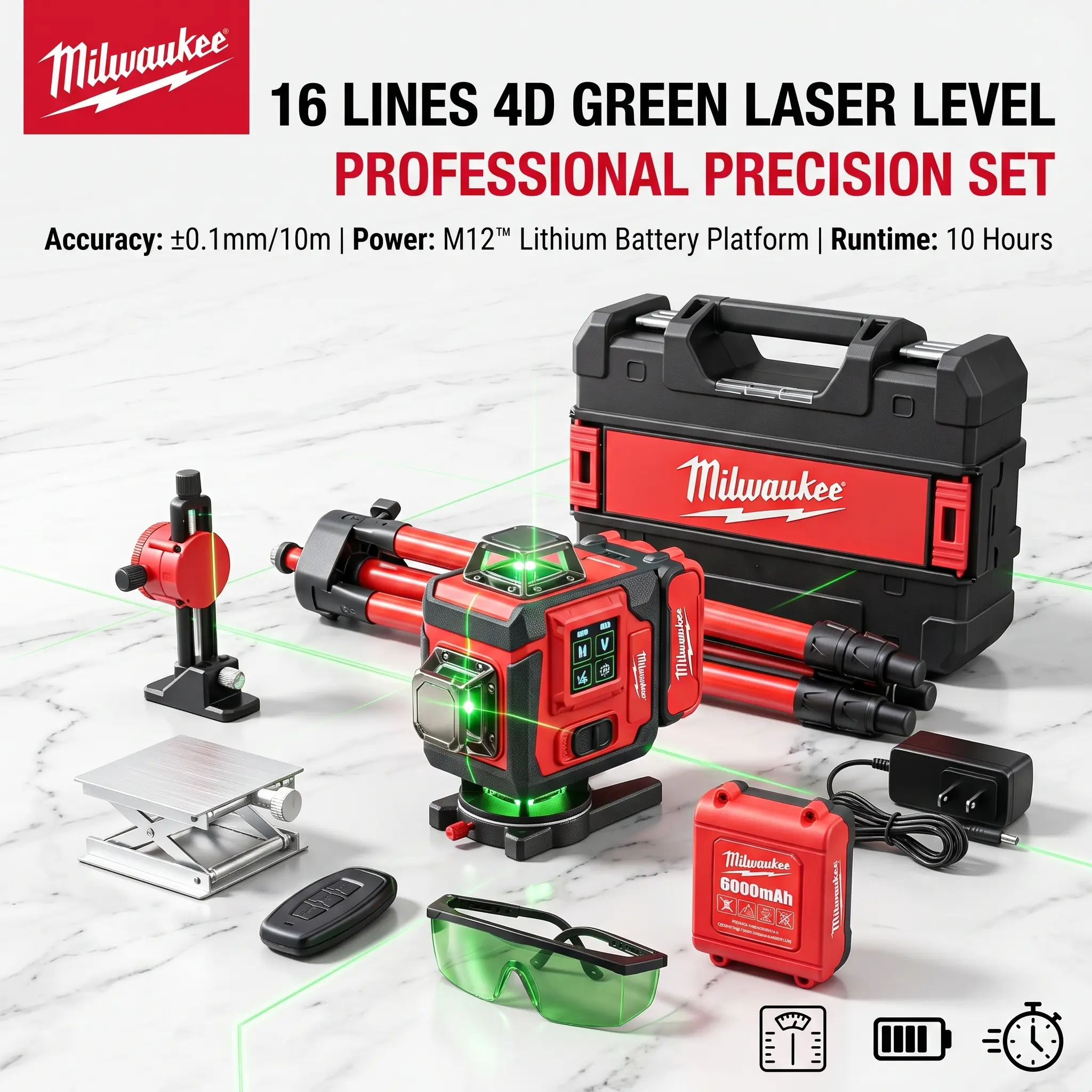 Milwaukee 12-Line Green Beam Auto Balance Digital Laser Level Kit - Laser Level Tool for Carpenters, 3 Sets of 360° Reference Planes, Remote Control, Magnetic Mount, Deviation Alert, IP54 Rated, Complete Accessories