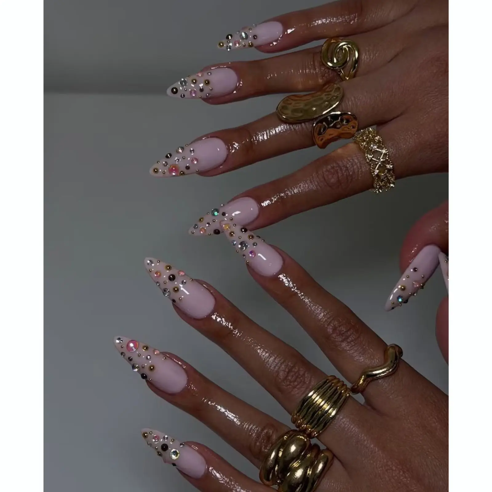 Pearl Rhinestone Press On Nails | Nude Pink Stiletto Nails | Luxury Bling Nail Set | Glam Crystal False Nails