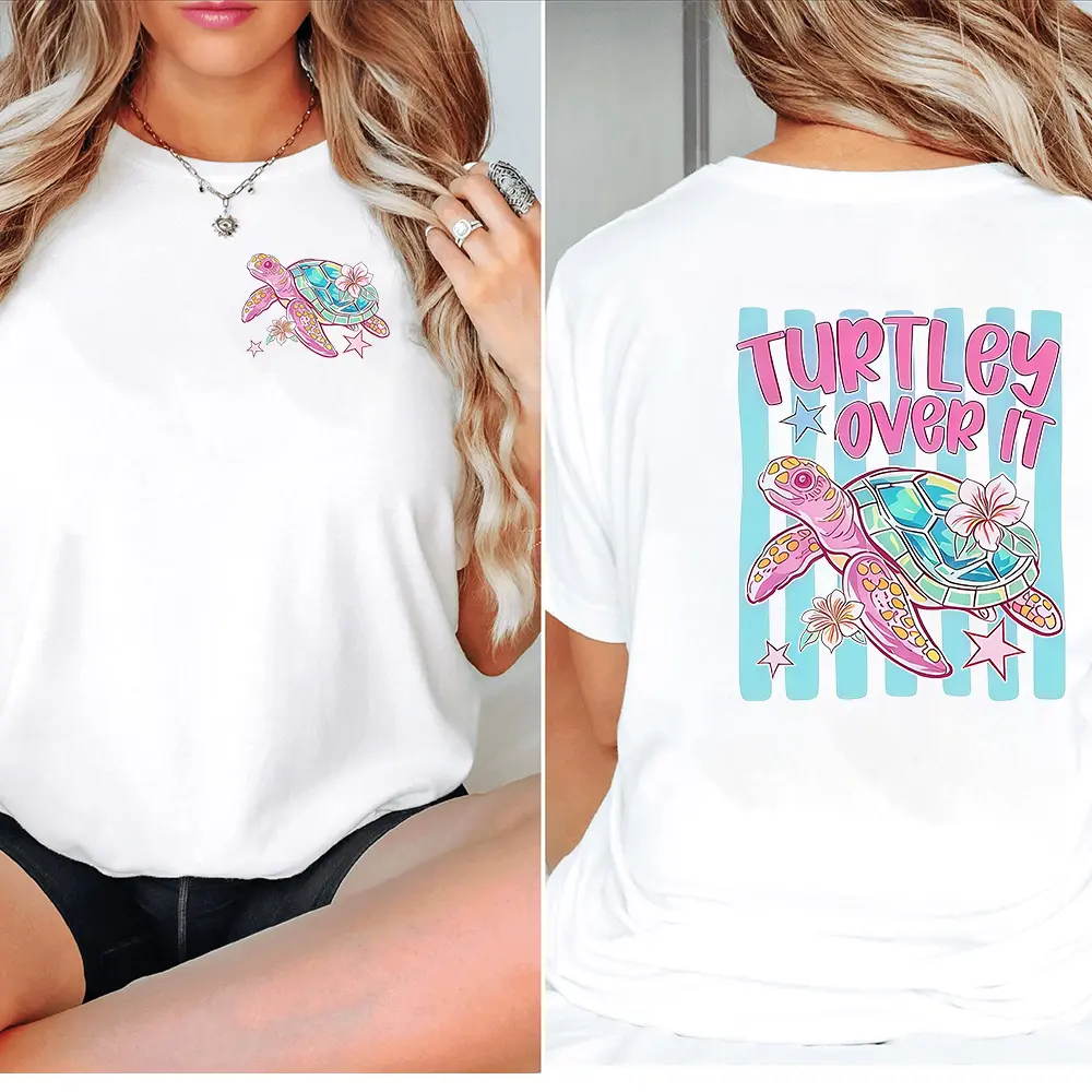 Turtley Over It Sea Turtle Shirt, Preppy Striped Summer Tee Casual Cotton Menswear Crew Neck Graphic Print T-Shirt Top Womenswear Streetwear Tshirt