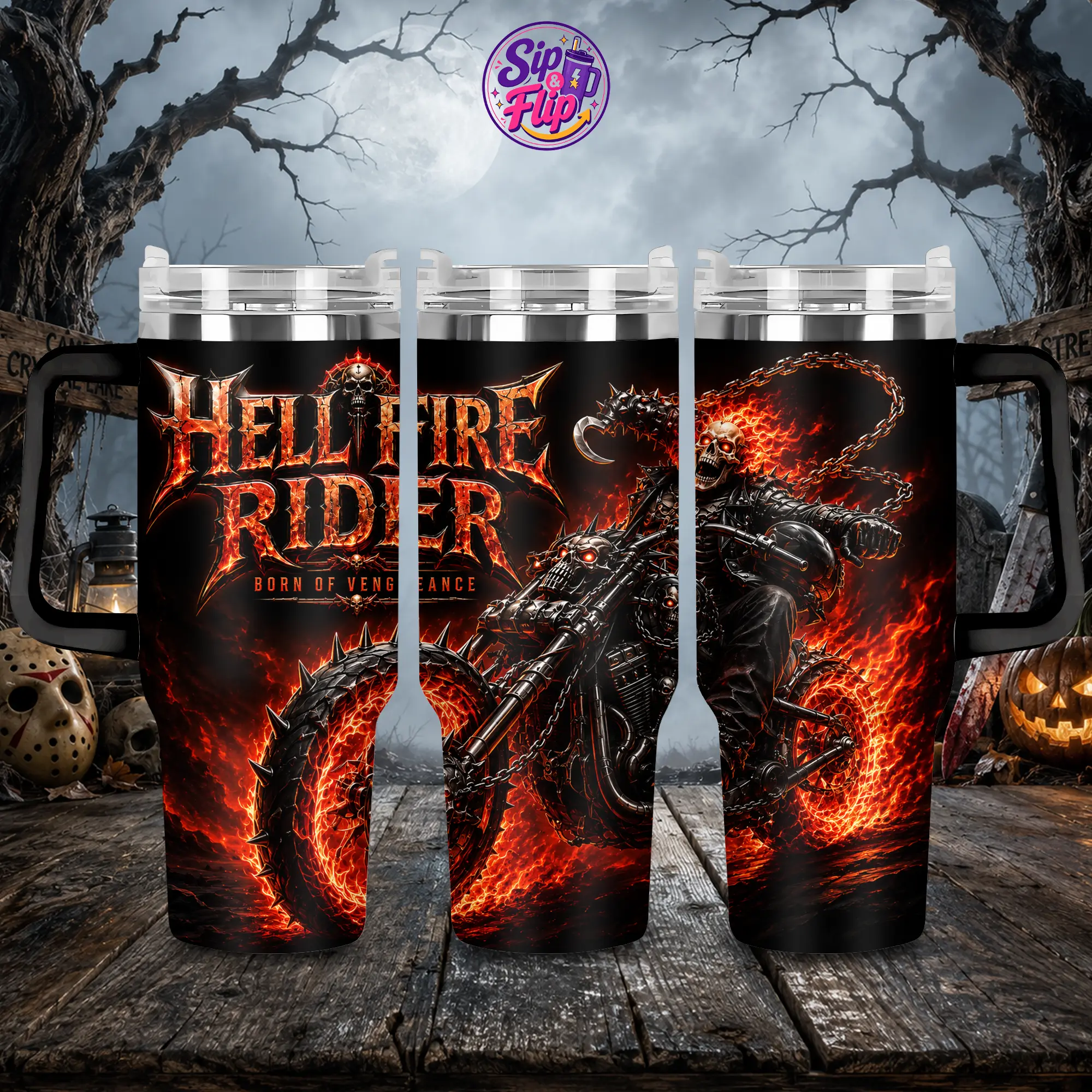 Flaming Skull Spirit of Vengeance 40oz Tumbler with Handle & Straw, Johnny Blaze Hellfire Motorcycle Insulated Cup, Dark Supernatural Biker Travel Mug, Midnight Sons Fan Gift, Gothic Comic Inspired Drinkware
