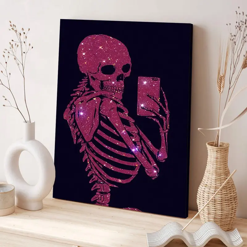 Glitter Skeleton Pattern Wall Art, Decorative Artwork, Canvas Hanging Painting with Frame, Aesthetic Wall Decor, Dopamine Decor, Artistic Indoor Decoration, Creative Design Print, Modern Decoration for Home Living Room Bedroom, Halloween