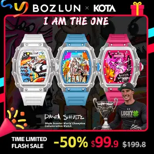 BOZLUN x KOTA Limited Edition 44mm Barrel Shape Men's Automatic Mechanical Watch - Transparent Water-Resistant Case, Translucent Dial, Street Art Creative Design Automatic Watches