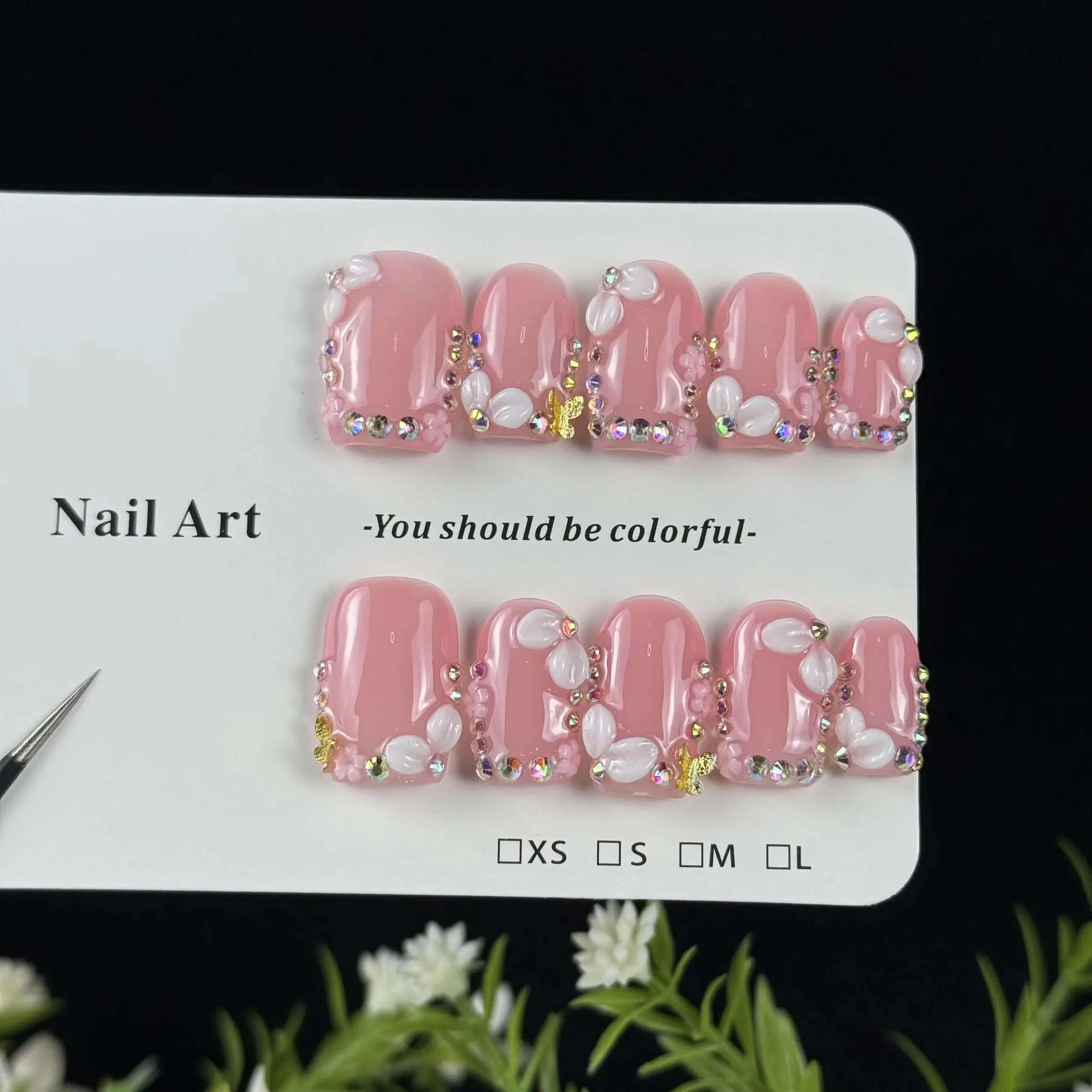 10pcs high-end Pink and elegant short style, hand-painted carvings, three-dimensional butterflies, sparkling colorful diamonds, Rhinestone Butterfly, Rhinestone Nails, Decorative Nails