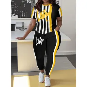 Plus Size Striped Love Print Pants Set, Crew Neck Short Sleeve T-shirt & Skinny Pants, Women's Plus Size Clothing Womenswear Suits Casual Shortsleeve
