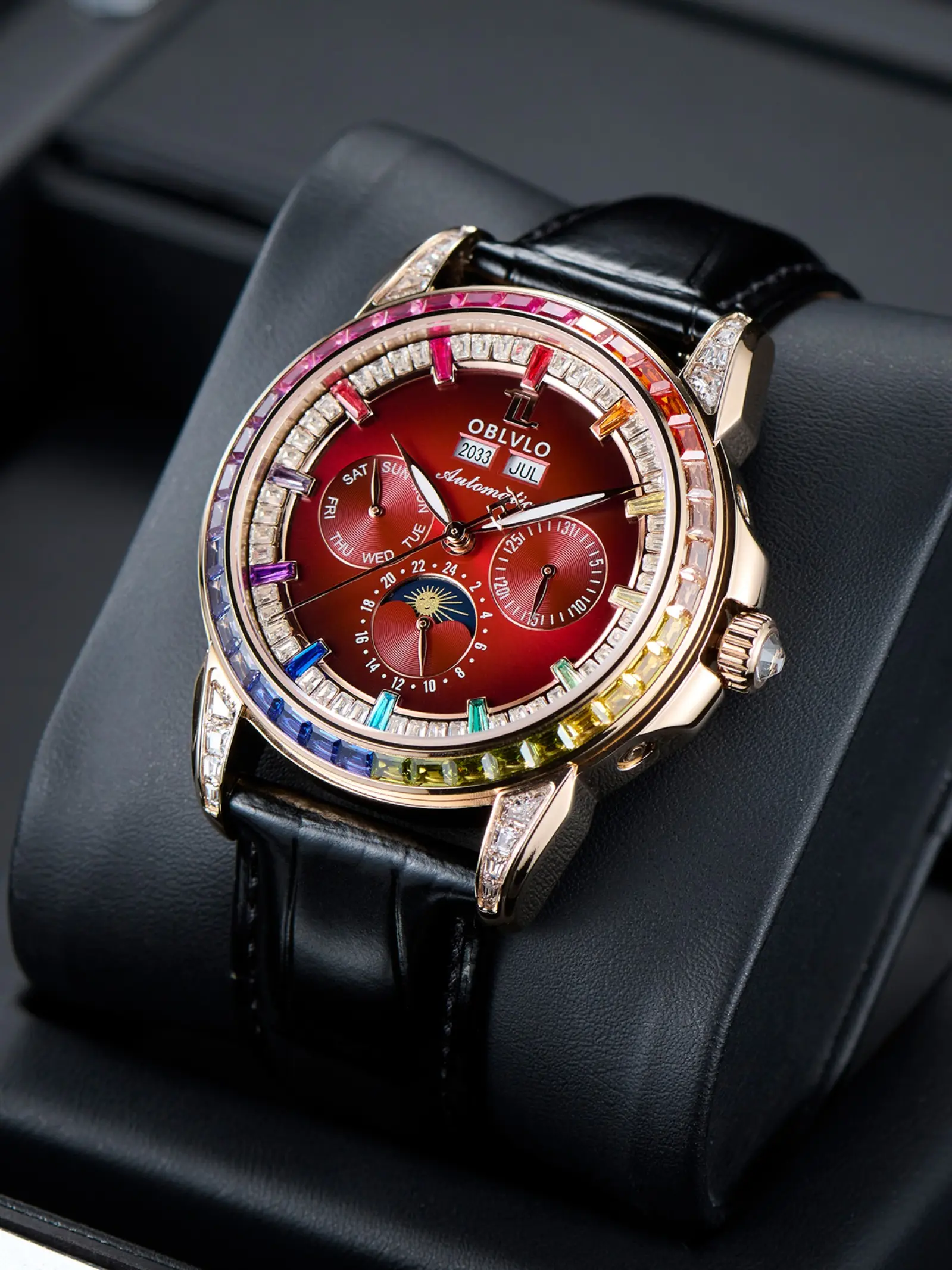OBLVLO Men's Automatic Mechanical Watch, Date Display, Rectangular Crystal Bezel, Genuine Leather Strap, Elegant Timepiece, Automatic Watches, Automatic Date Wristwatch