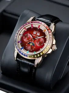 Ombro Men's Automatic Mechanical Watch, Date Display, Rectangular Crystal Bezel, Genuine Leather Strap, Elegant Timepiece