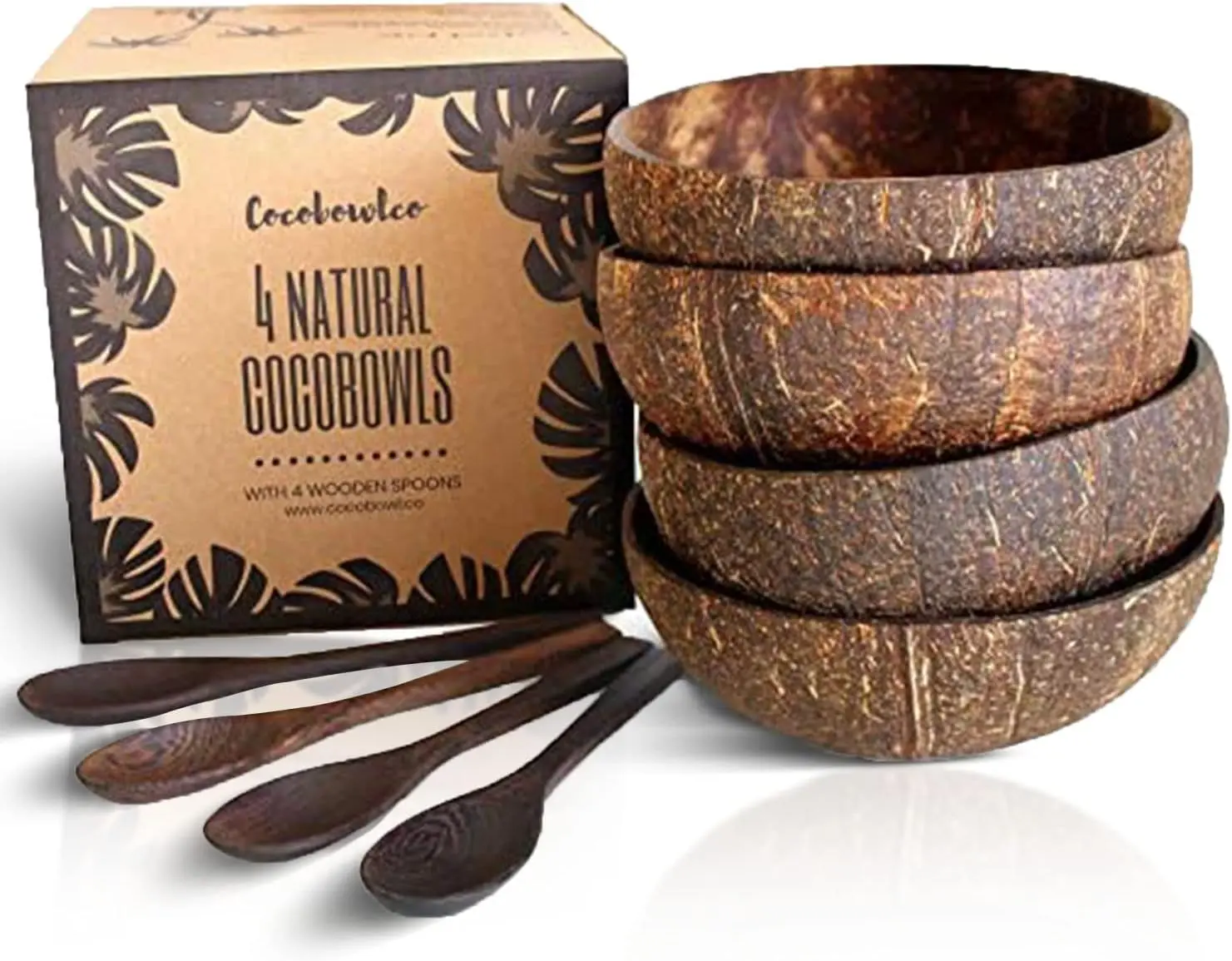 Coconut Bowls Wooden Spoons Set of 4 with Natural Finish Cutlery Plastic
