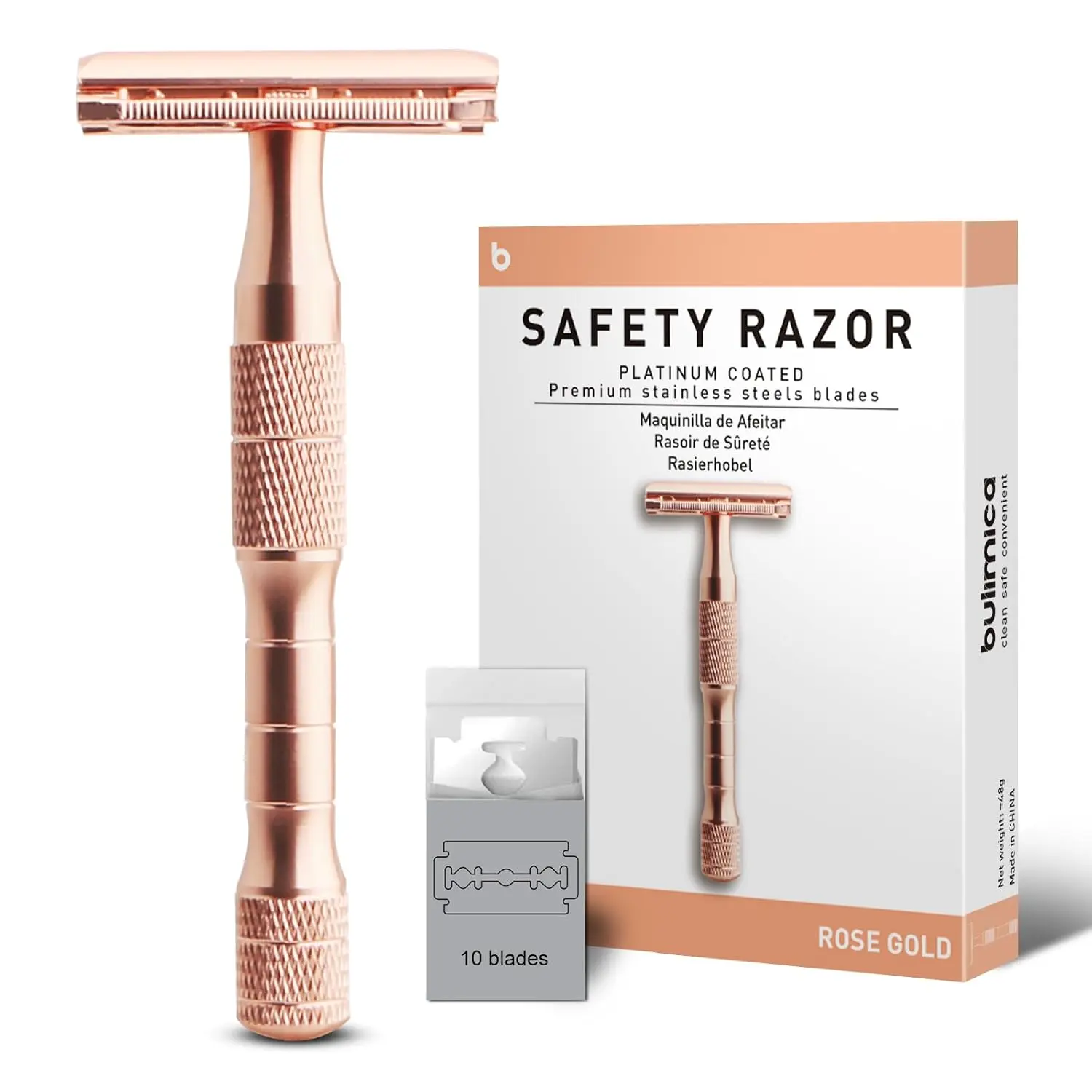 Rose Gold Safety Razor, Single Blade Razors for Women, Reusable Metal One Blade Razor Women, with 10 Stainless Steel Double Edge Blades, Eco-friendly, Smooth & Close Shave