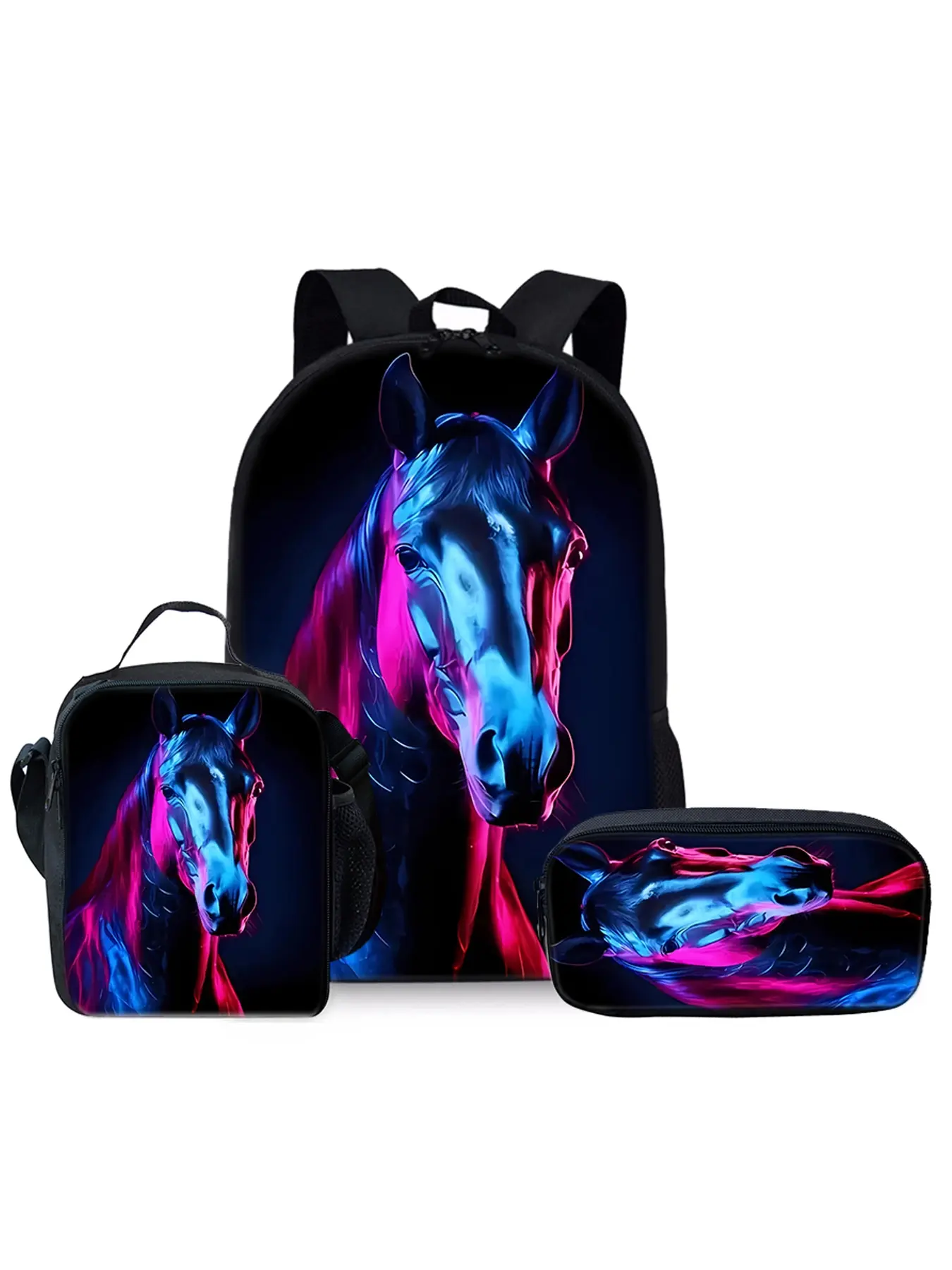 Mercedes-Benz Horse Pattern Printed 17-inch Backpack Three-piece Set (Single-layer Backpack + Shoulder Strap Lunch Bag + Single-layer Pencil Bag)