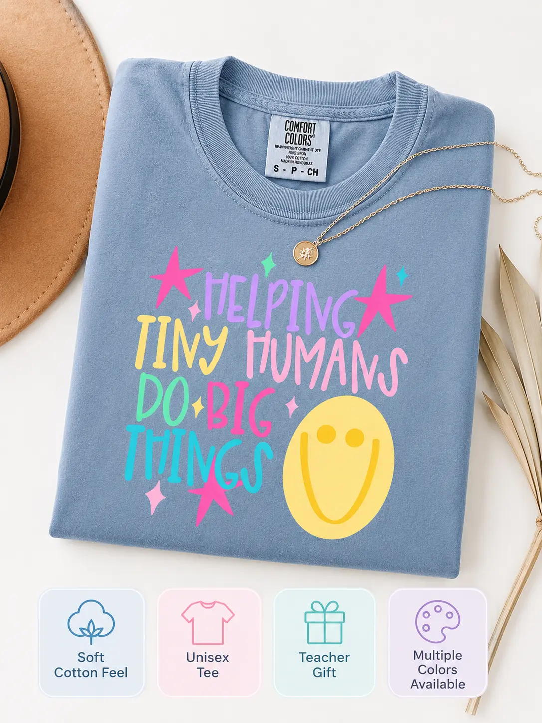 Women's Comfort Colors Graphic T-Shirt - Short-Sleeve Casual Everyday Top, "Helping Tiny Humans Do Big Things" Teach Tee, Preppy First Day of School Stars Tee, Tops, Shortsleeve
