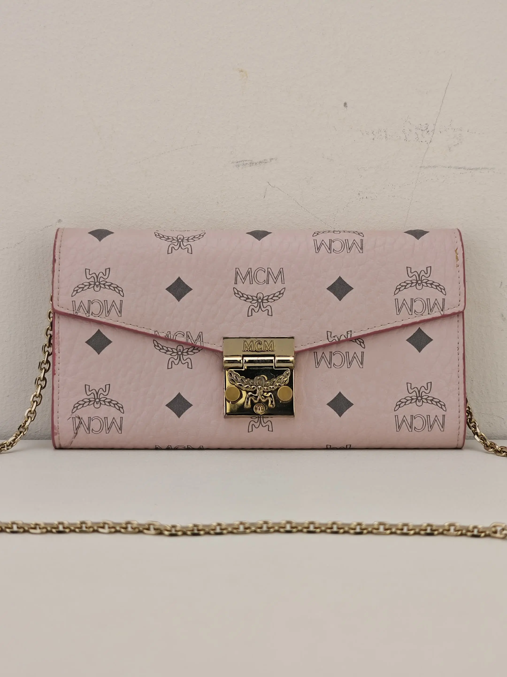 Pre-owned Visetos Coated Canvas Crossbody bags MCM Patricia Visetos Leather Crossbody Wallet Powder Pink Wallet On Chain Bag【10112108】