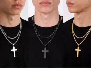 Men’s Double-Layer Stainless Steel Hip-Hop Cuban Cross Chain & Link Necklace, Long Daily Jewelry, Thoughtful Gift for Boyfriends