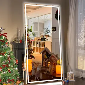 Hasipu Full Length Mirror with Lights, LED Lighted Floor Standing Mirror, Full Body Dressing Hanging Mounted Mirrors, Dimmable, Tempered Glass, Safe to Use, Square White
