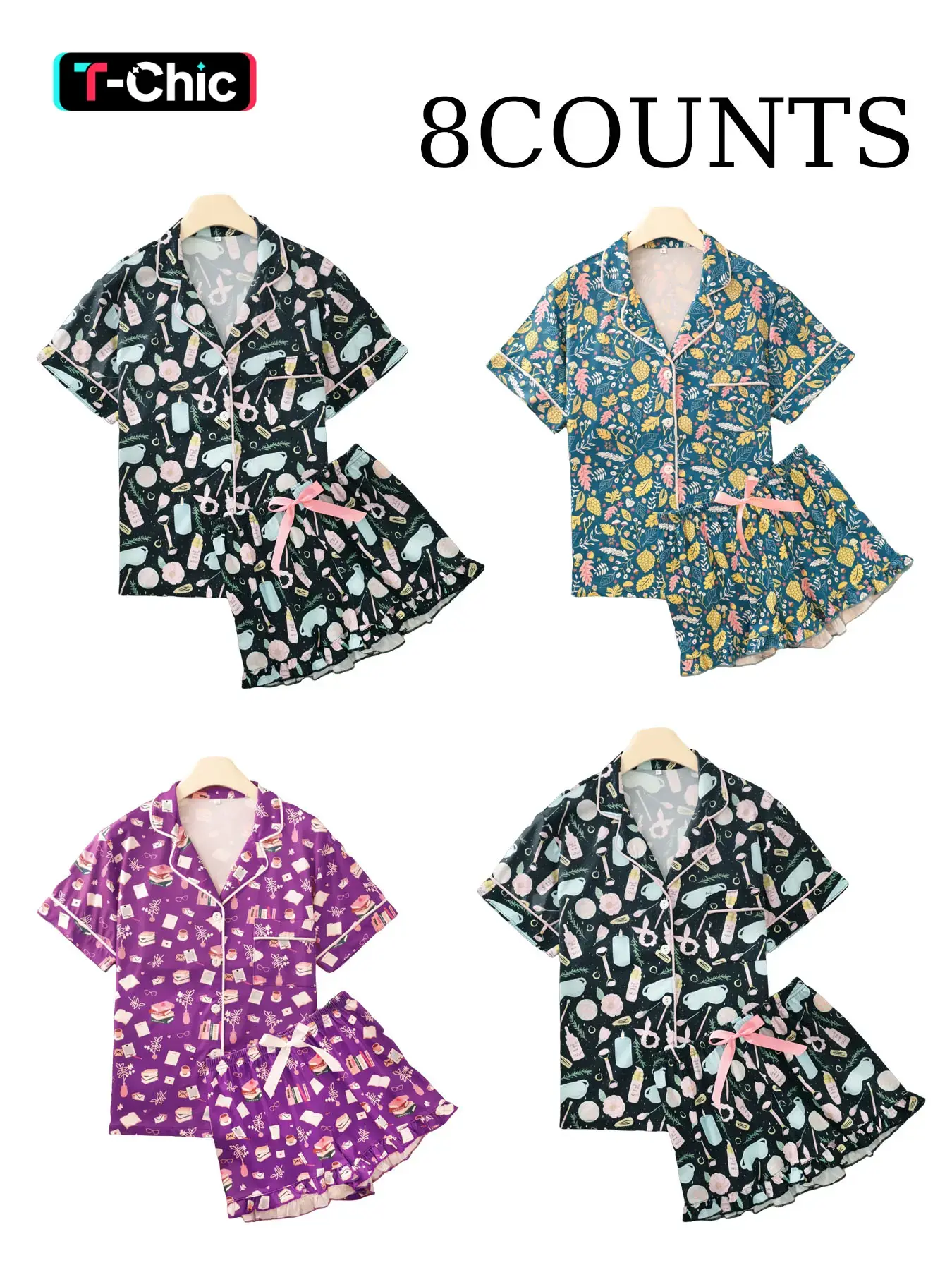 Women's All Over Print Pajama Set, Pyjamas, Casual Comfy Short Sleeve Top & Shorts Pj Set, Ladies Summer Sleepwear Loungewear, Fashion Sleepwear, Sleep Pajamas Shorts, Nightwear Loungewear Set