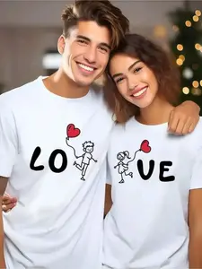 Men's Matching Couple T-Shirts - White Love Graphic Tees With Bold LOVE Lettering - Valentine's Day Gifts, Anniversary Couples Outfits - Machine Washable Casual Shirts For Him & Her - Ideal Couple's Apparel, Cute T Shirts