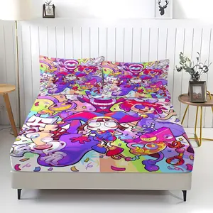 Magical Digital Circus Anime Pattern Printed Bed Sheet, including 1 bed sheet and 2 pillowcases, comfortable bedding, anti slip dust cover suitable for bedroom decoration of children and young people