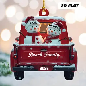 [XMAS DECOR] Personalized Snowman Family Christmas Ornament 2025, Custom Red Truck Ornament, Flat 2D Snowman Ornament with Family Names, Christmas Gift for Family