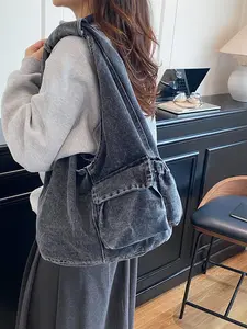Vintage Washed Denim Underarm Bag, Large Capacity Crossbody Shoulder Tote, Laptop Friendly, Three Colors Available, Perfect for School, Commute, Travel