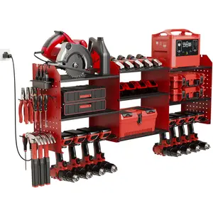 Power Tool Organizer Wall Mount with Charging Station, 45.5" Heavy Duty Garage Wall Tool Organizer with 4 Pegboard Hooks, 6.5FT Outlet Power Strip, 8 Drills Holder Large Garage Storage Rack