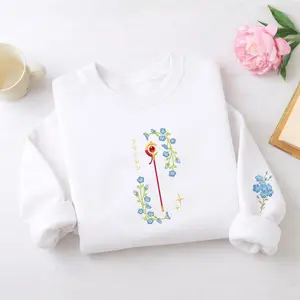 Embroidered Frieren Sweatshirt, Blue Flowers Embroidered Sweatshirt, Bookish Lovers Gift, Embroidered Anime Wand Crewneck, Sword Stick Shirt