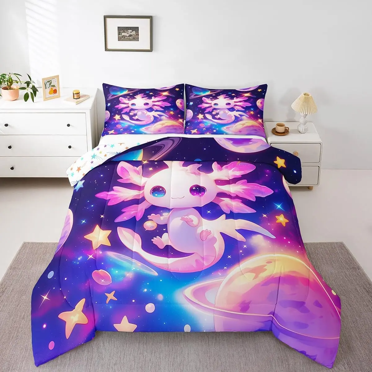 Feelyou Kids' Galaxy Theme Microfiber Bedding Set - Cartoon Axolotl Comforter, Quilt Cover Set, Glow-in-Dark Purple Starry Cartoon Pattern Bedroom Blanket, Nursery Warm Blanket, Cartoon Pattern Blanket